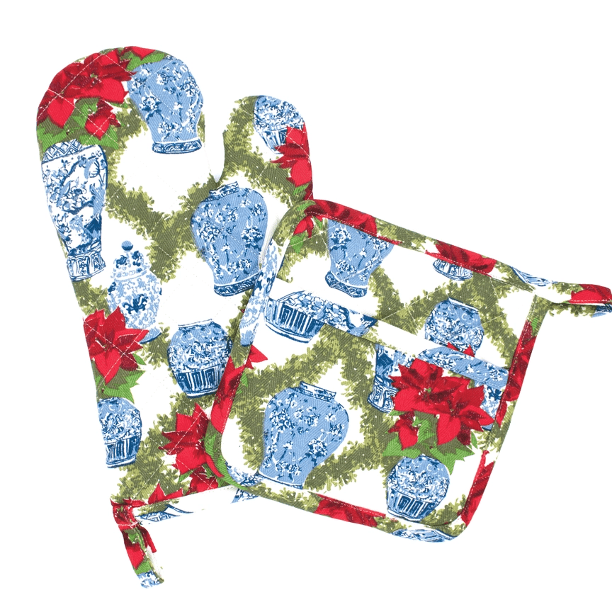 Poinsettia & Chinoiserie Oven Mitt & Potholder Set - A Taste of Kentucky