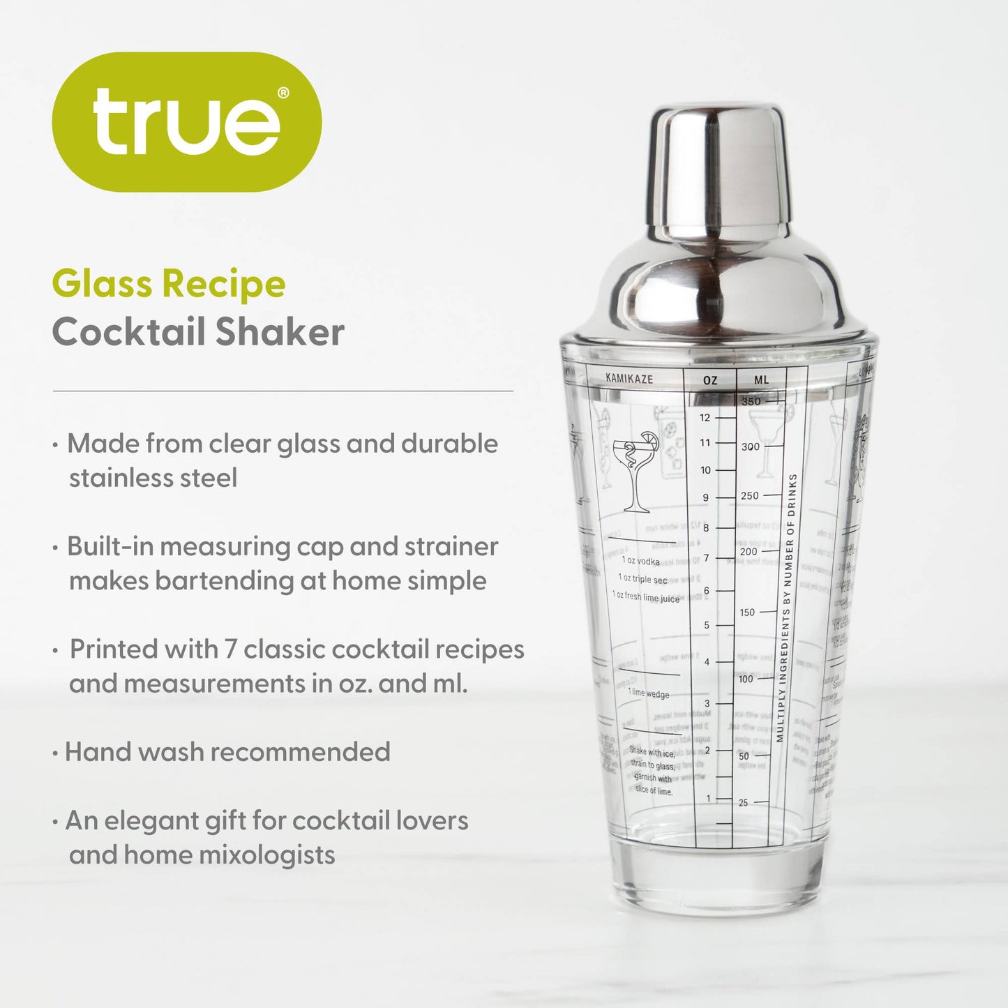 7 Cocktail Recipe Stainless Steel and Glass Shaker 13.5 oz