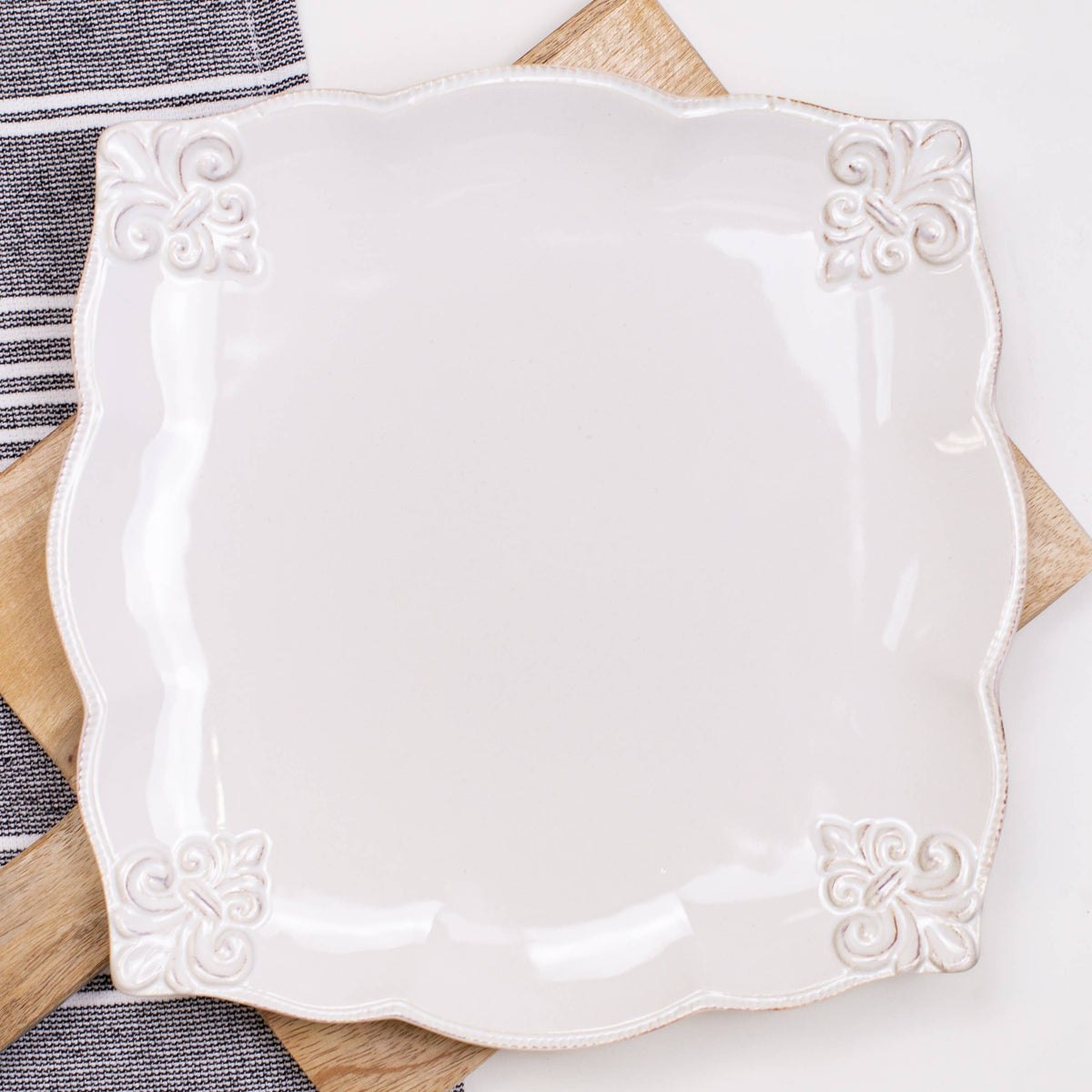 Embossed Fleur de Lis Square Platter   Antique White   10x10.25 - A Taste of Kentucky