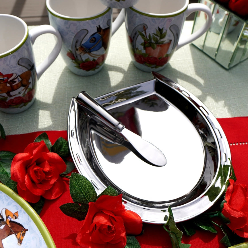Day at the Races Silver Coast Horseshoe Cheese Plate with Knife - A Taste of Kentucky
