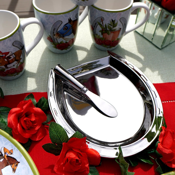 Day at the Races Silver Coast Horseshoe Cheese Plate with Knife - A Taste of Kentucky