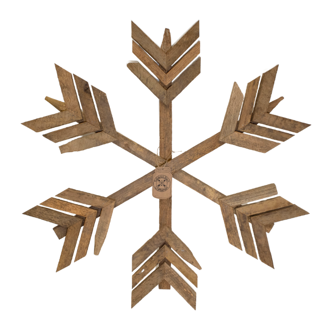 Handcrafted Kentucky Tobacco Stick Snowflake made from reclaimed tobacco sticks, featuring rustic design with sharp geometric shapes for winter decor.