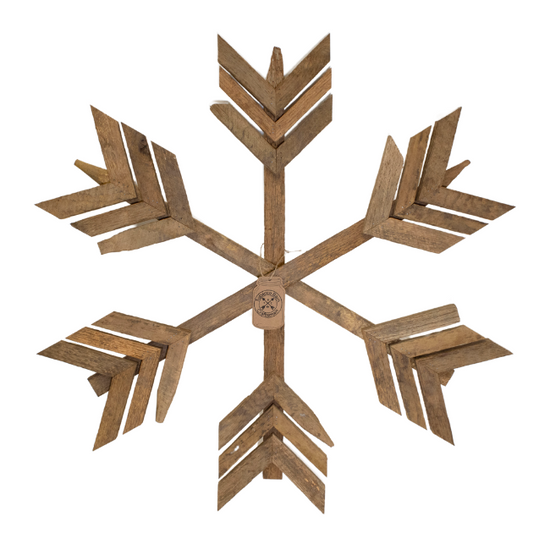 Handcrafted Kentucky Tobacco Stick Snowflake made from reclaimed tobacco sticks, featuring rustic design with sharp geometric shapes for winter decor.