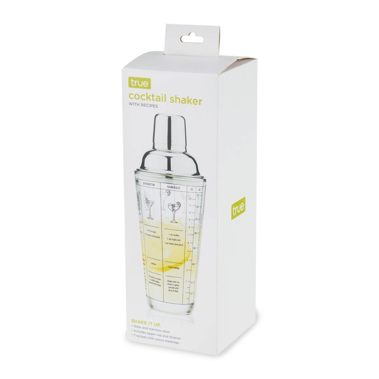 7 Cocktail Recipe Stainless Steel and Glass Shaker 13.5 oz