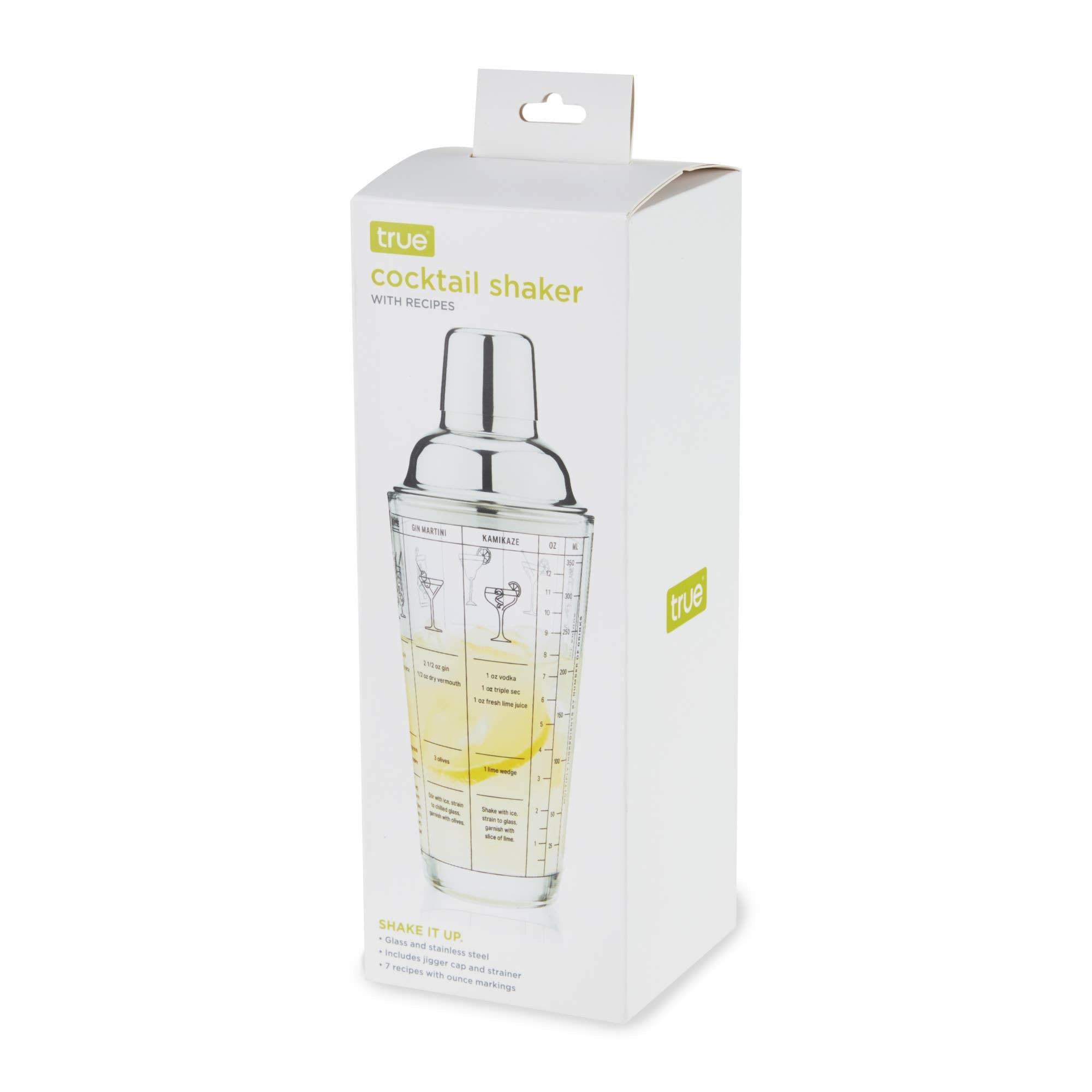 7 Cocktail Recipe Stainless Steel and Glass Shaker 13.5 oz