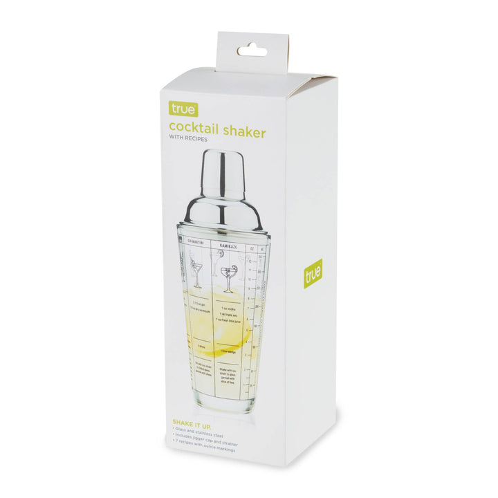 7 Cocktail Recipe Stainless Steel and Glass Shaker 13.5 oz