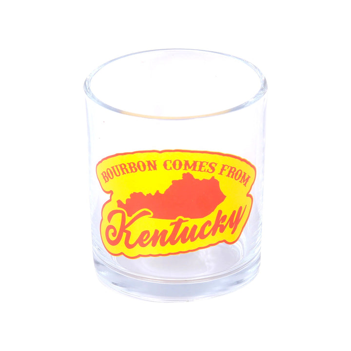 Clear glass with a colorful 'Bourbon Comes From Kentucky' design on a white background