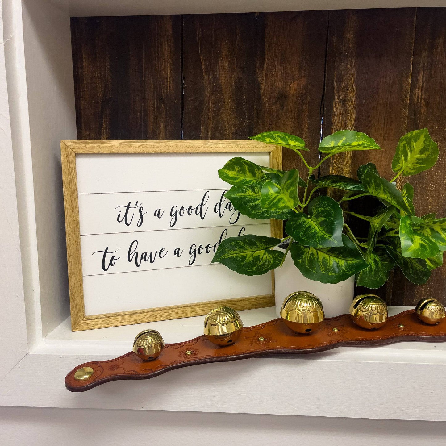 Christmas Bells in front of plant and frame