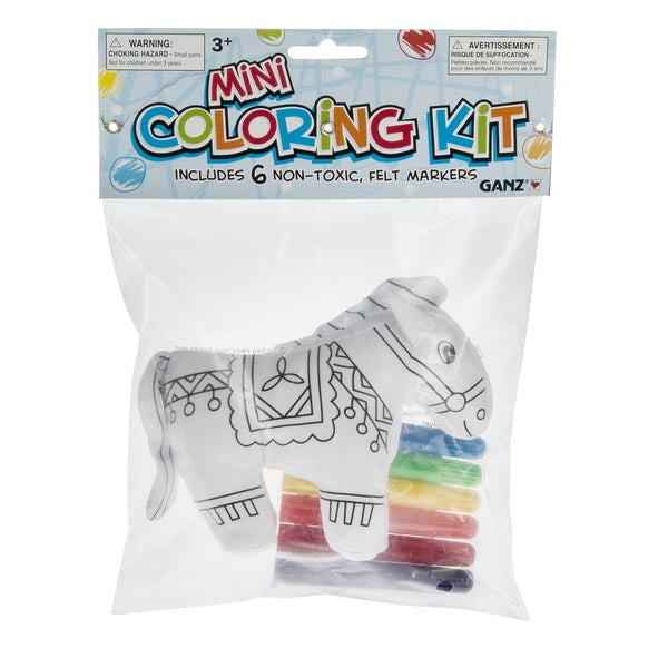 Plush Coloring Mini Horse Kit with white horse and 6 colorful markers in a plastic bag