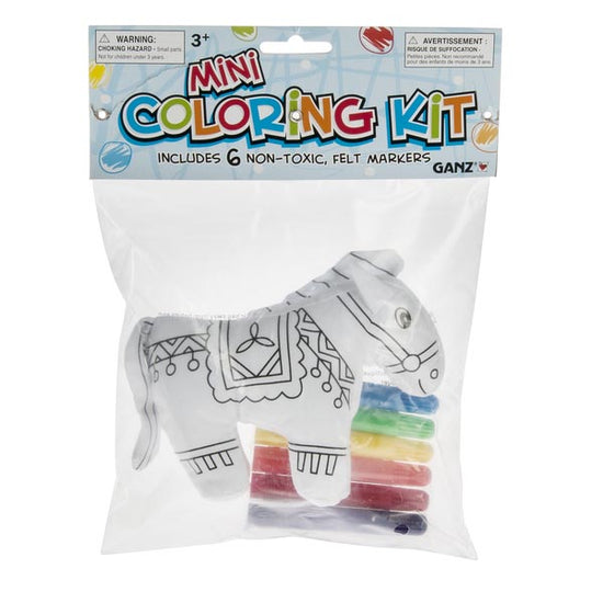 Plush Coloring Mini Horse Kit with white horse and 6 colorful markers in a plastic bag