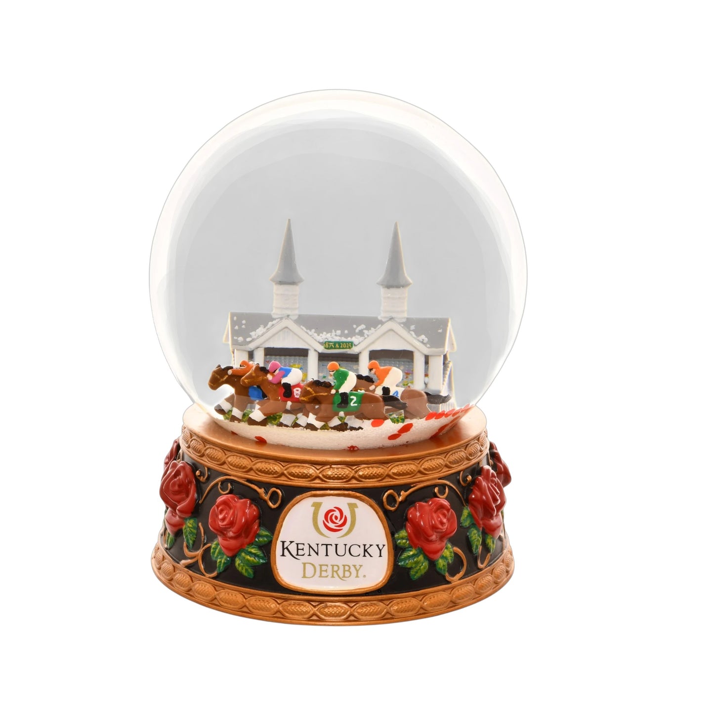 Detail shot of the ornate resin base, featuring sculpted red roses and the official Kentucky Derby logo.