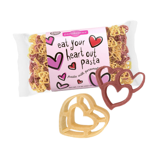 The "Eat Your Heart Out Pasta" bag featuring whimsical heart-shaped pasta.