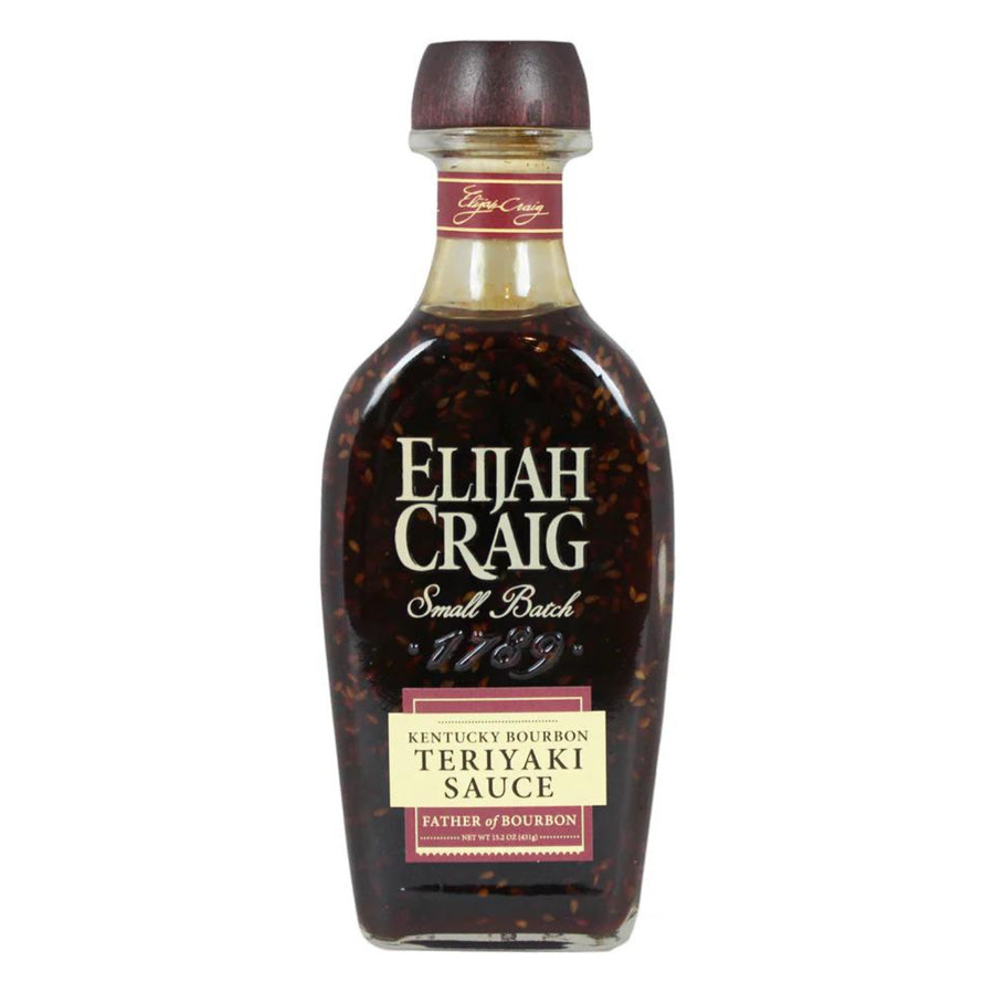 Bottle of Elijah Craig Kentucky Bourbon Teriyaki Sauce on a white background