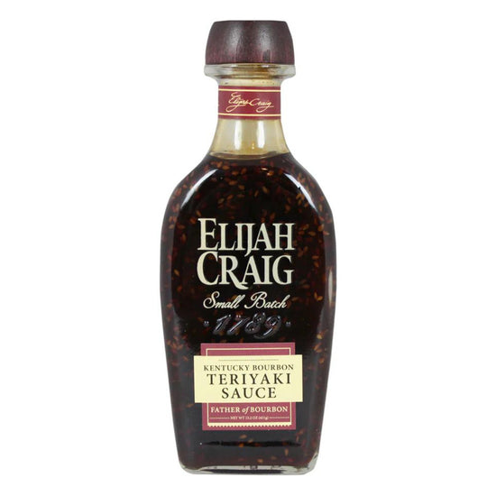 Bottle of Elijah Craig Kentucky Bourbon Teriyaki Sauce on a white background
