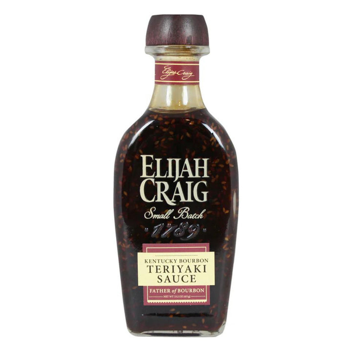 Bottle of Elijah Craig Kentucky Bourbon Teriyaki Sauce on a white background