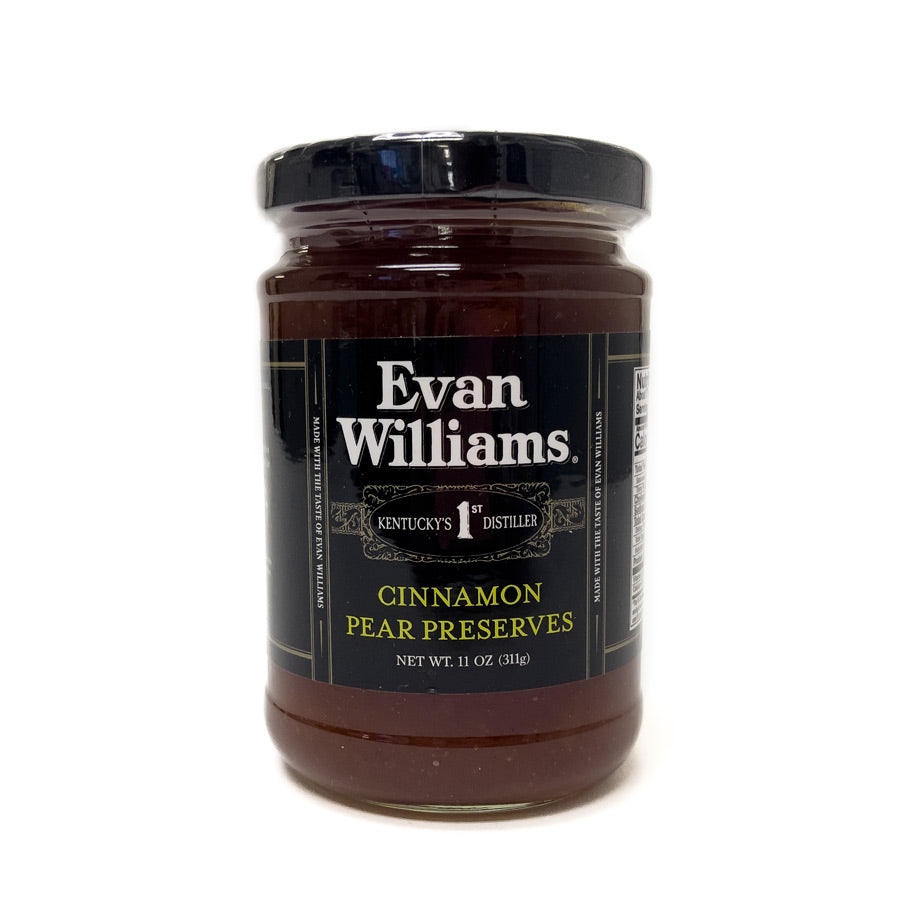 Jar of Evan Williams Cinnamon Pear Preserves on a white background
