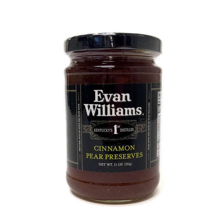 Jar of Evan Williams Cinnamon Pear Preserves on a white background