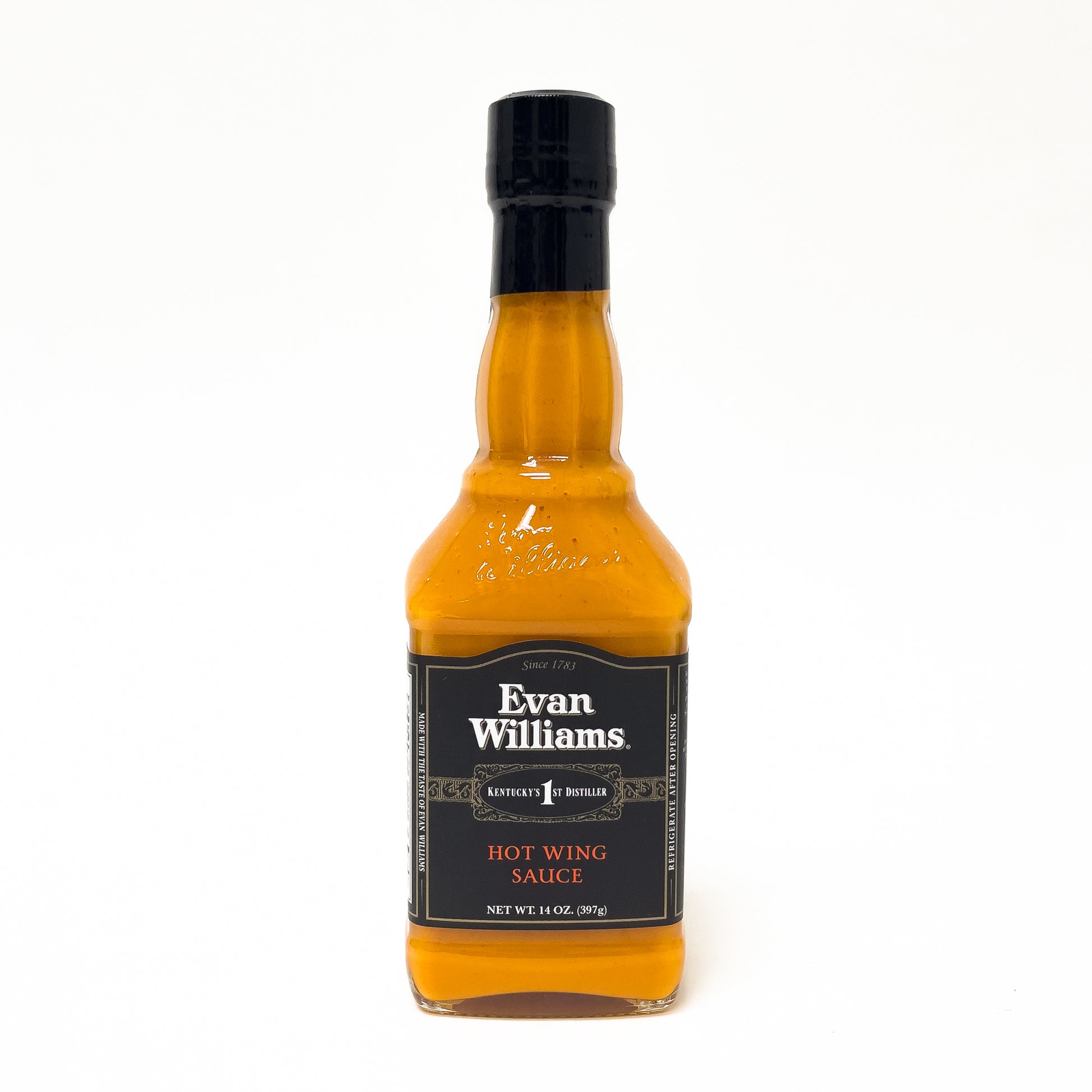 Bottle of Evan Williams hot wing sauce on a white background
