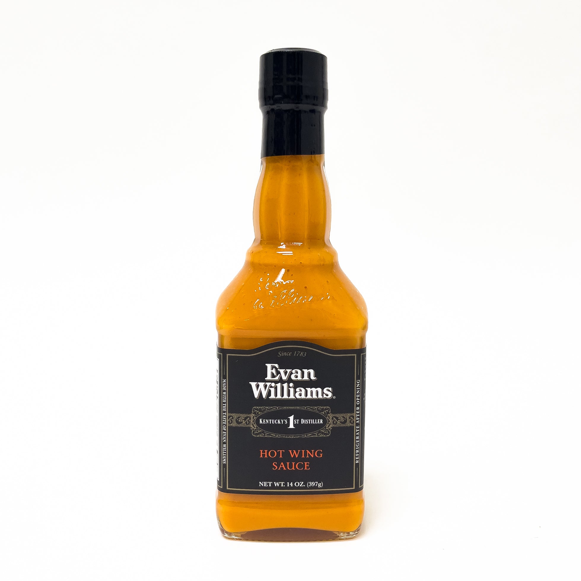 Bottle of Evan Williams hot wing sauce on a white background