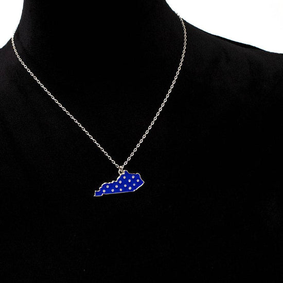 Blue Polka Dot Kentucky State Shape pendant necklace on black mannequin