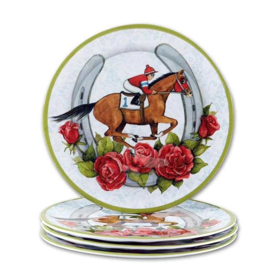 4, 9" plates with light blue background, light green rim, and horse & Jockey design with horseshoe and red roses.