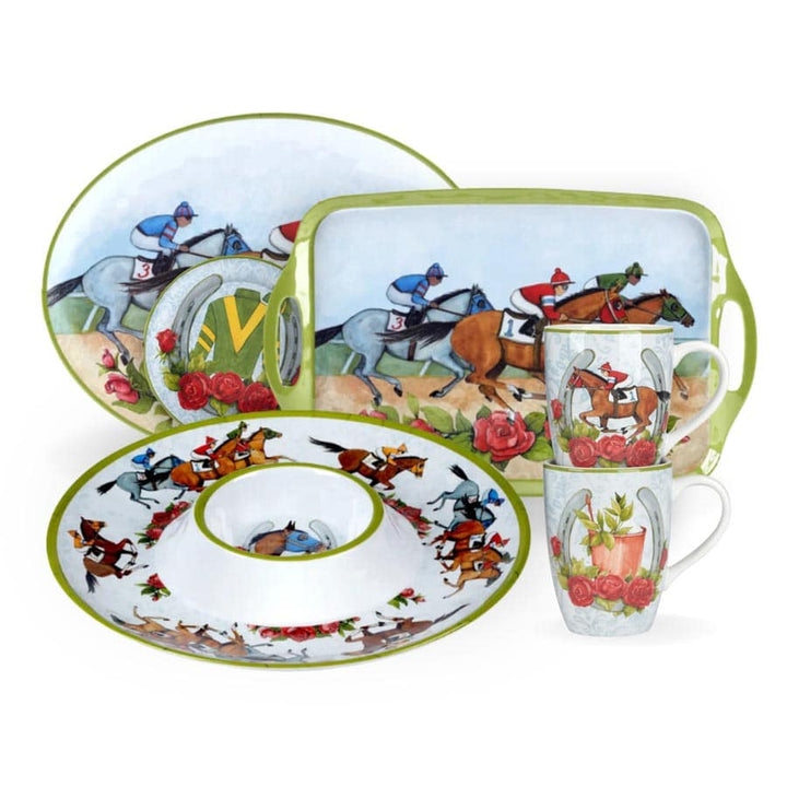 Horse & Jockey Racing Design Dinnerware Set. Includes Chip & Dip Tray, 2 Mugs, 1 6" plate, large oval platter, and large rectangular tray.
