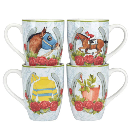 4, stacked light blue mugs with light green rim. Each has a different Horse & Jockey themed design with a Horseshoe and Roses.