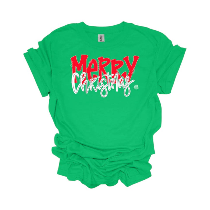 A green short-sleeve t-shirt with "MERRY Christmas" in a red and white font, laid flat