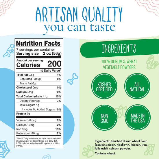 Nutrition facts and ingredients label for an artisanal product with green and white design elements.