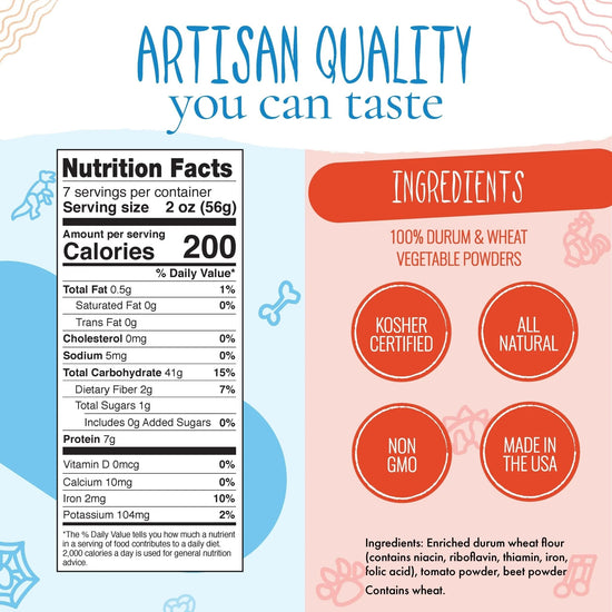 Nutrition facts and ingredients label for an artisan product with certification badges.