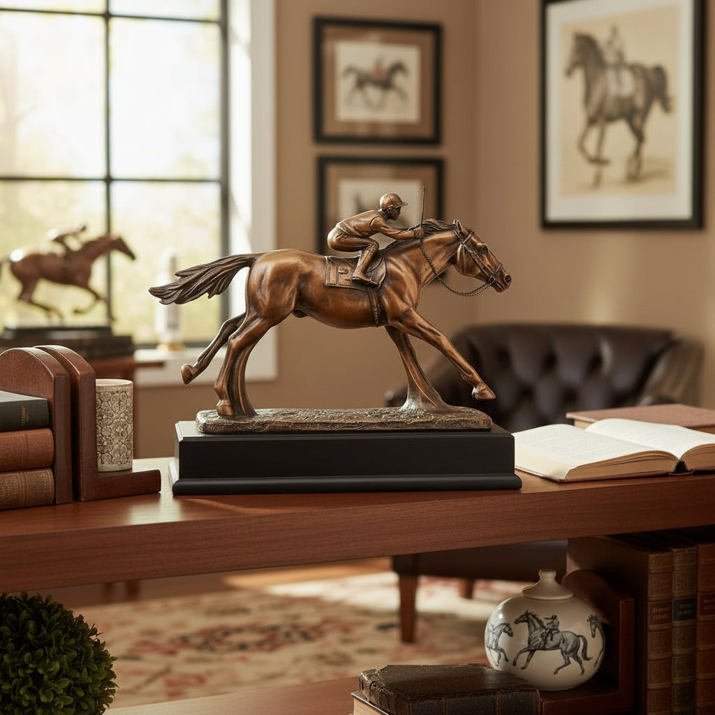 The "Down the Stretch" sculpture displayed as a piece of heritage decor on an office desk.