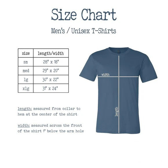 Size chart for men's/unisex t-shirts with a blue t-shirt on a white background