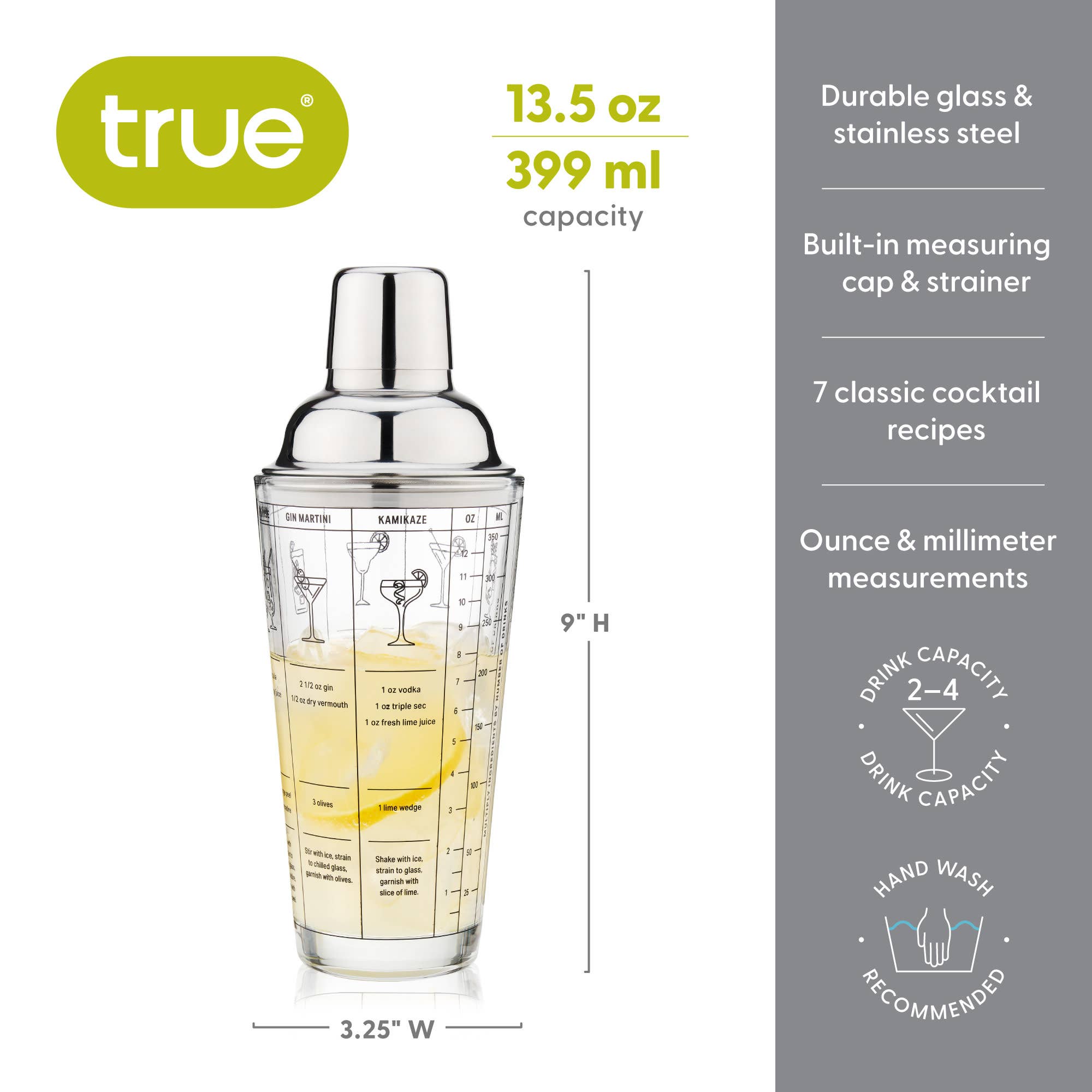 7 Cocktail Recipe Stainless Steel and Glass Shaker 13.5 oz