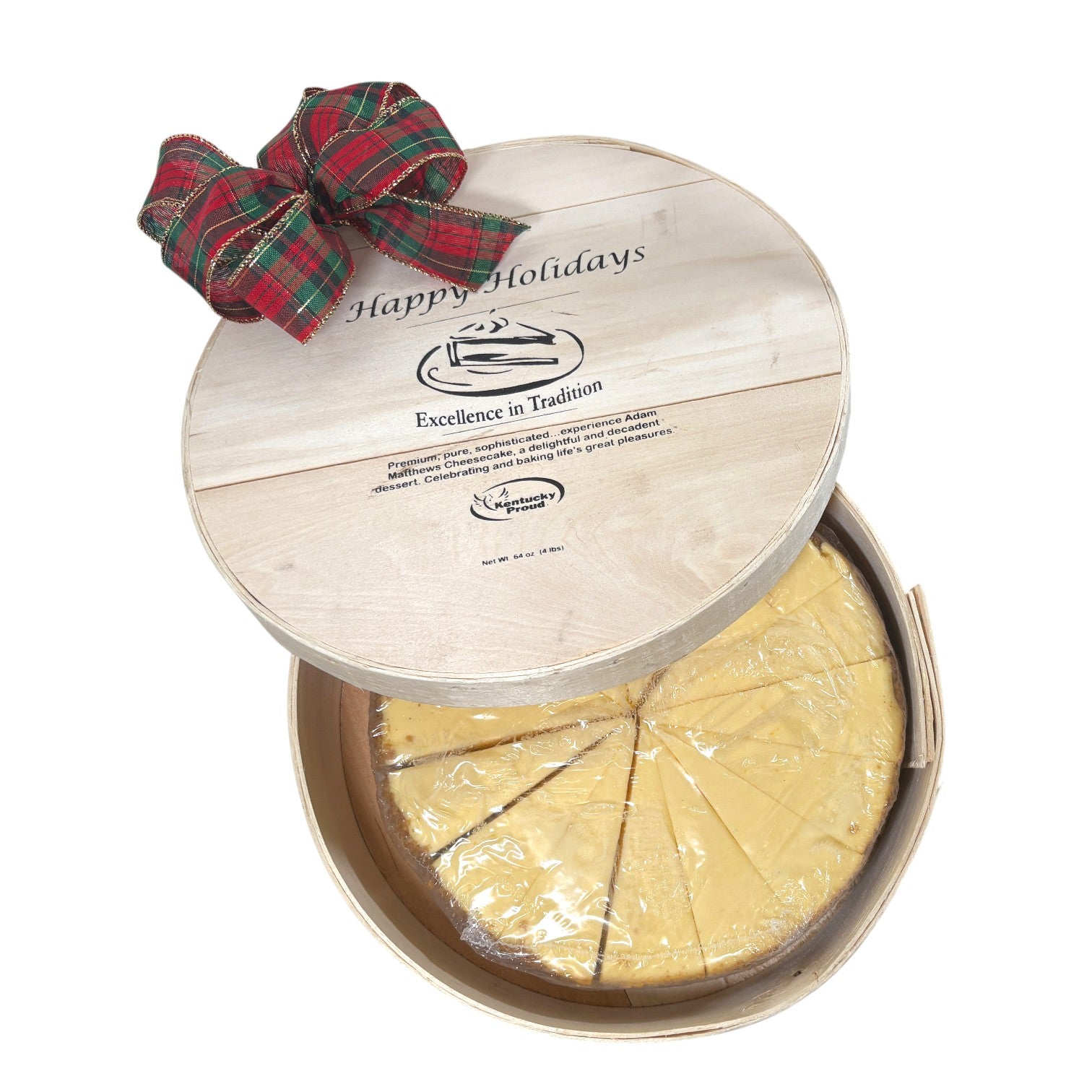 The festive wooden gift box for the signature cheesecake, highlighting the holiday-ready packaging.