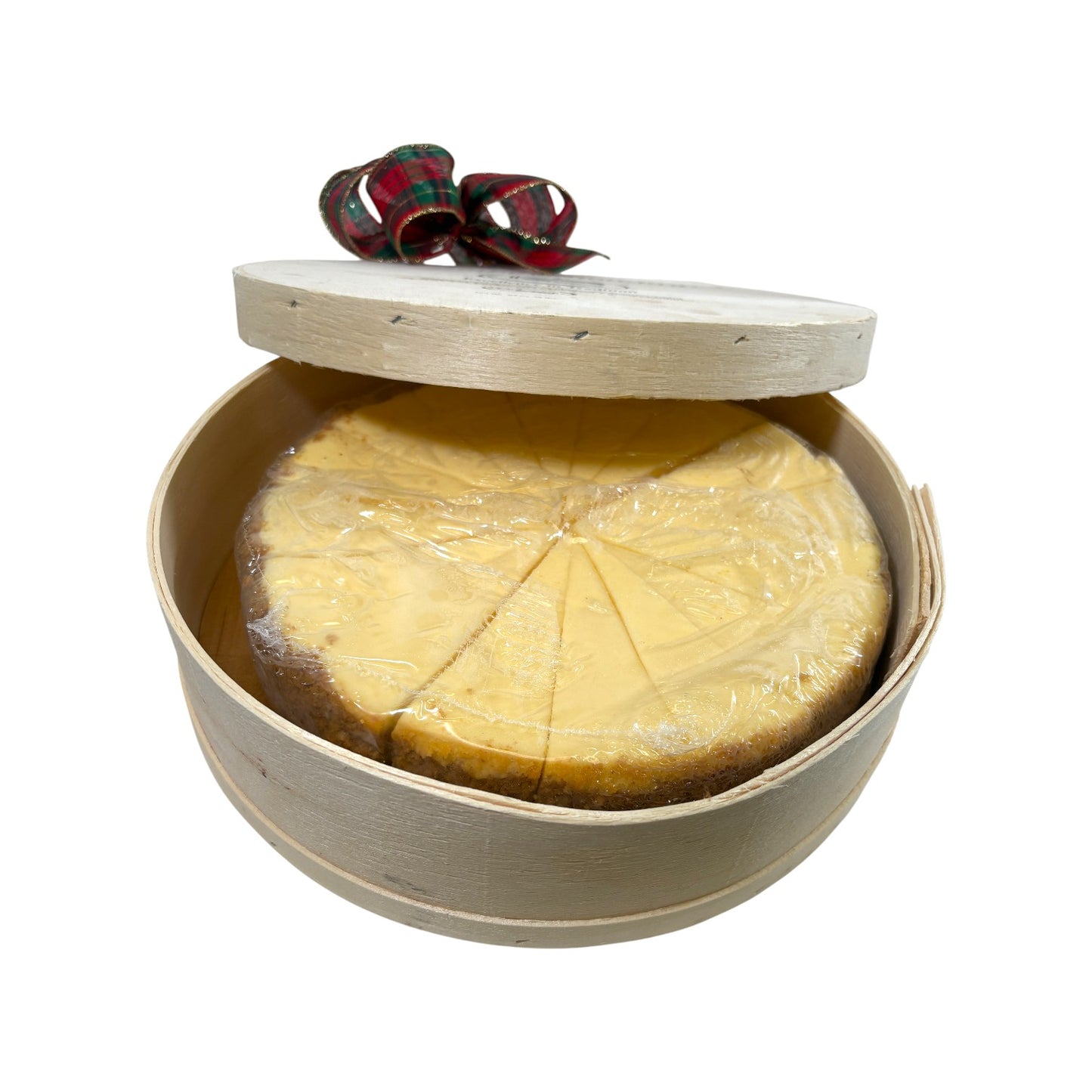 The festive wooden gift box for the signature cheesecake, highlighting the holiday-ready packaging.