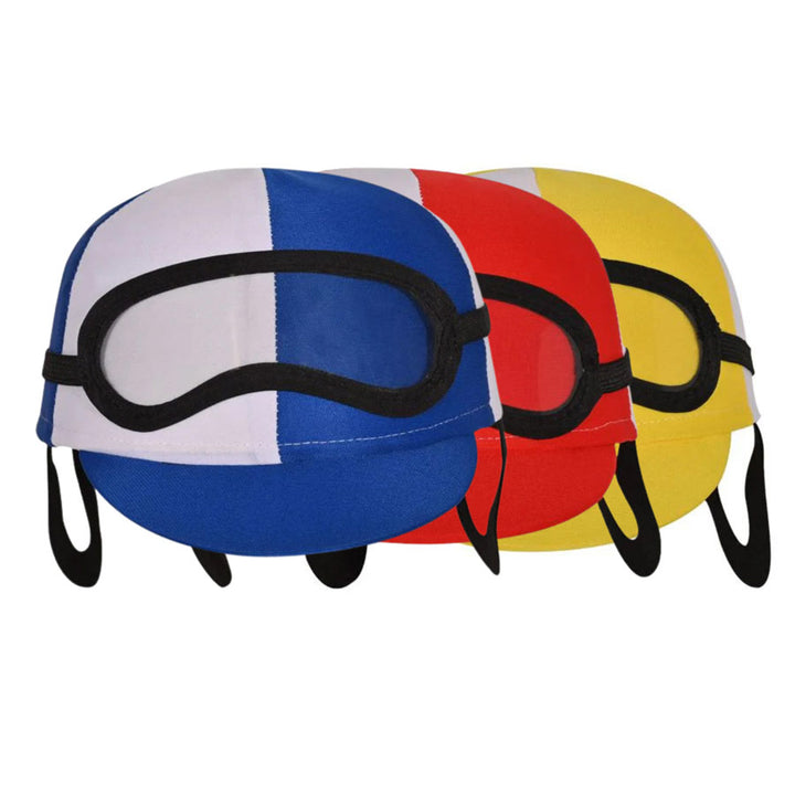 Adult Jockey Cap available in Yellow/White, Blue/White, and Red/White, perfect for Derby-themed events and costumes.