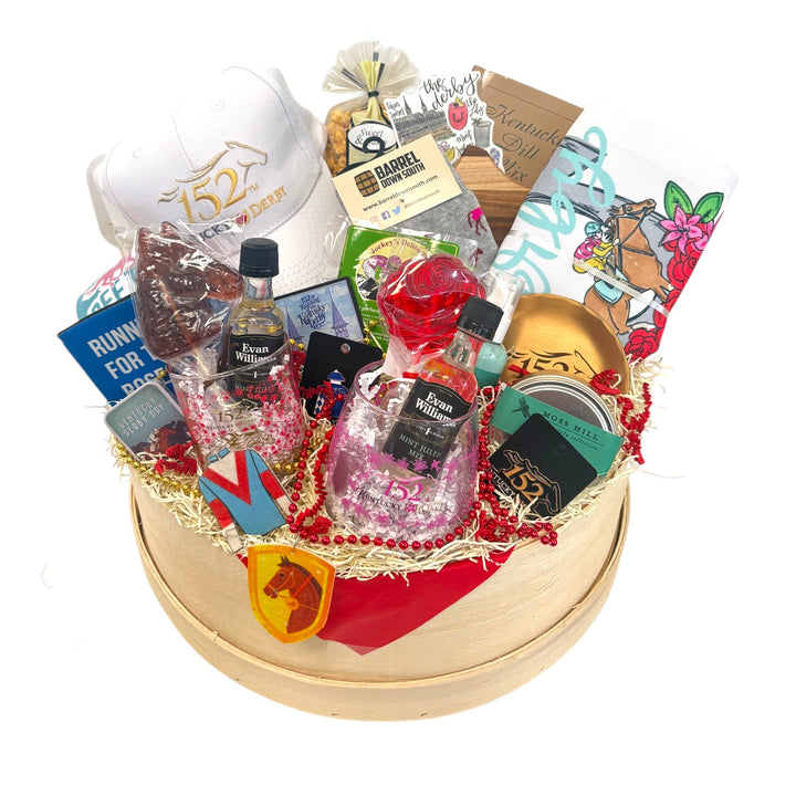 All Things Derby 152 Gift Basket featuring official Derby 152 cap, pins, bronze coaster, and classic party treats.