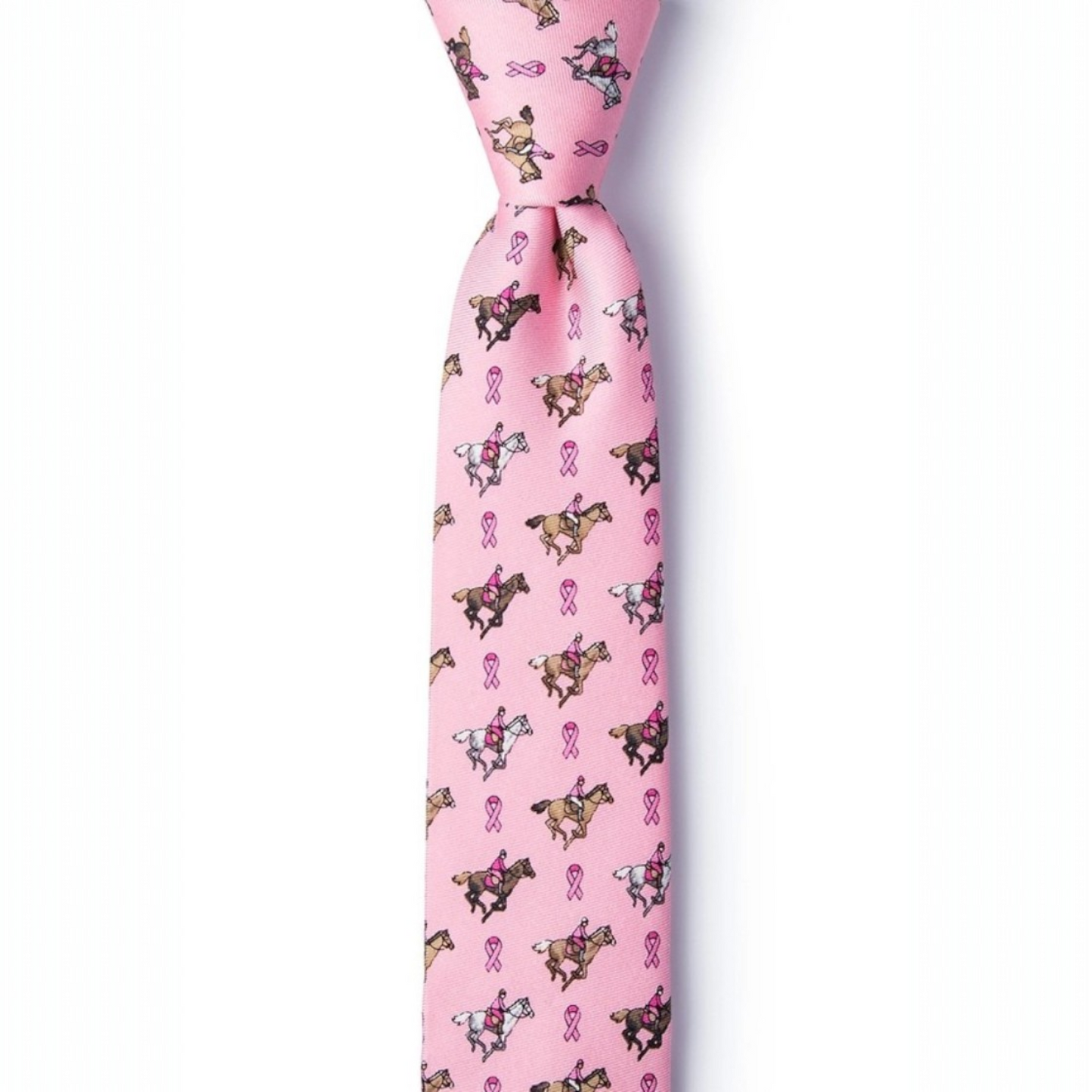 Pink silk skinny tie with racing jockeys and breast cancer awareness ribbons on a white background.
