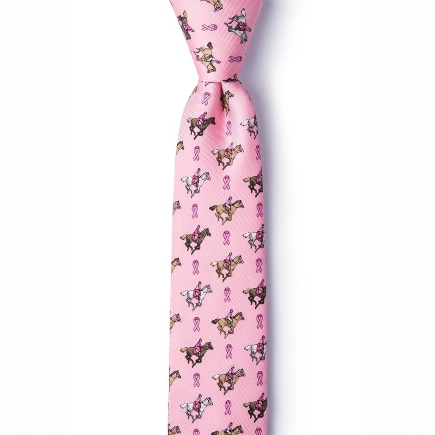 Pink silk skinny tie with racing jockeys and breast cancer awareness ribbons on a white background.