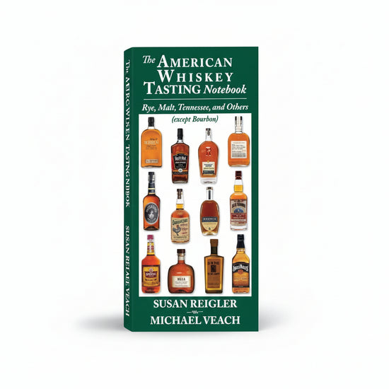 Front cover of the American Whiskey Tasting Notebook featuring a dark green background and a grid of various American whiskey bottles.