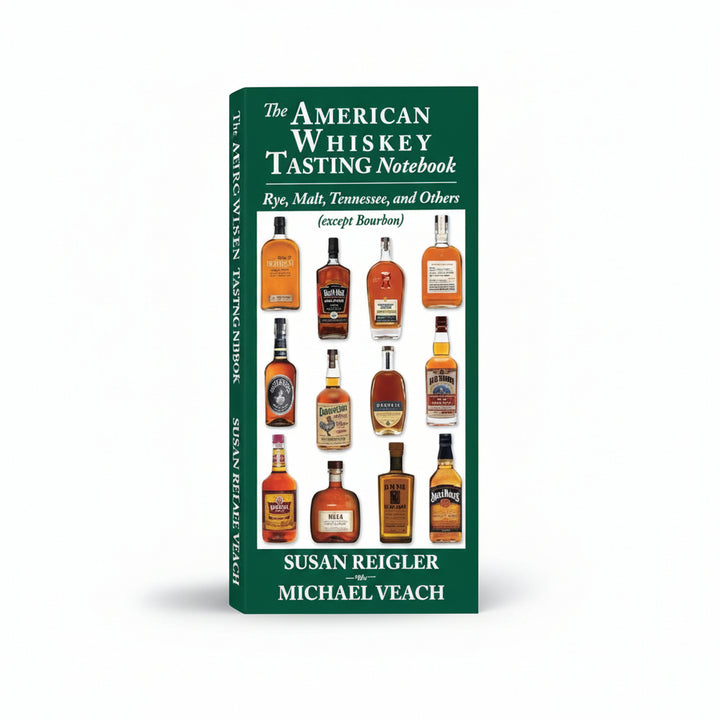 Front cover of the American Whiskey Tasting Notebook featuring a dark green background and a grid of various American whiskey bottles.