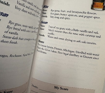 Interior spread of the tasting notebook showing detailed tasting notes, bottle information, and space for user scores.