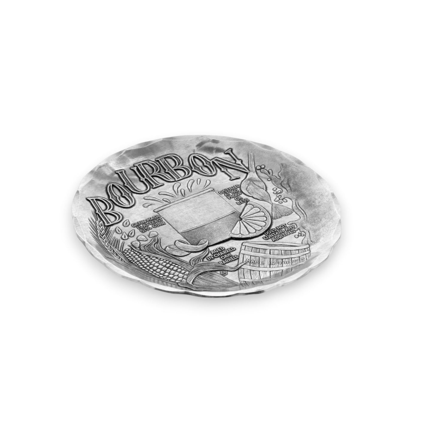 Side angle view of the handcrafted aluminum Anatomy of a Bourbon Coaster, showing the intricate etched details and text about bourbon.