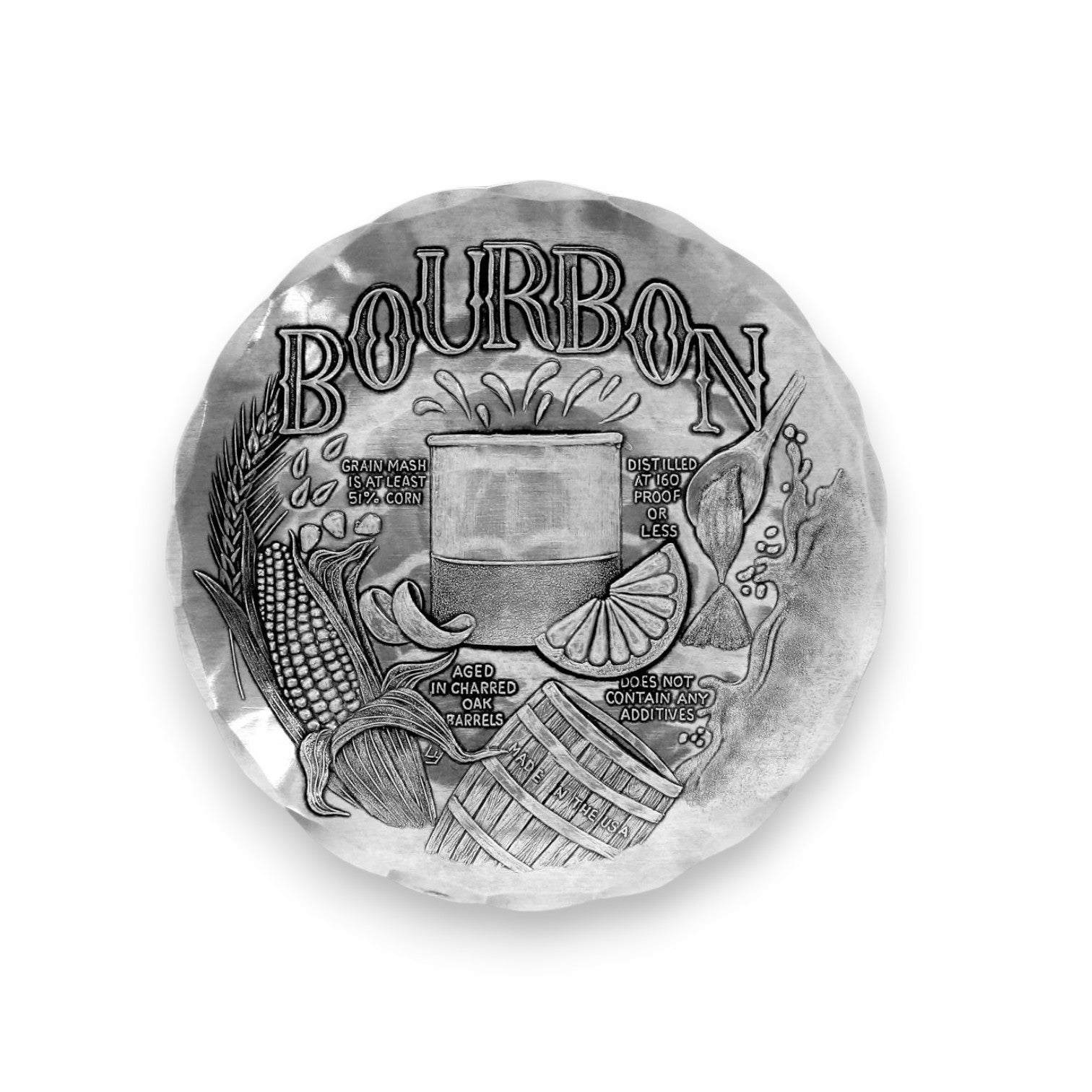 A top-down view of the handcrafted aluminum Anatomy of a Bourbon Coaster, showing the intricate etched details and text about bourbon.