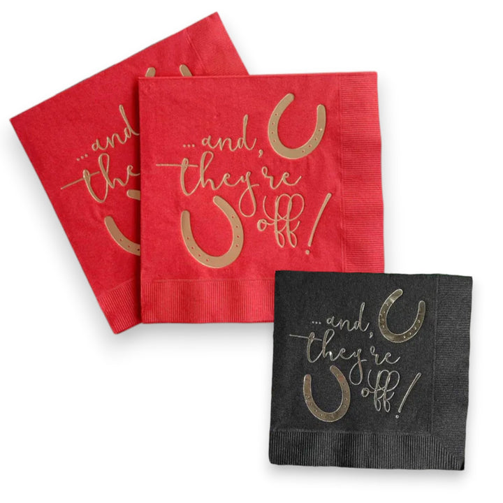 And they're off! Derby Red and black napkins with gold text and horseshoe design on a white background