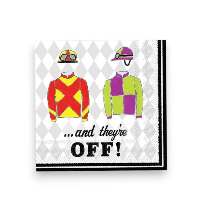 'And They're Off' horse racing paper beverage napkins with a playful design, perfect for Kentucky Derby parties.