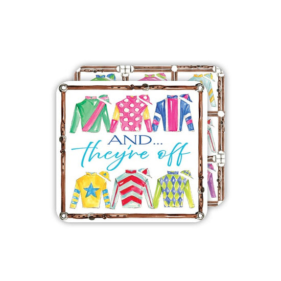 'And They're Off' Racing Silks paper coasters with a vibrant design, perfect for Kentucky Derby parties.