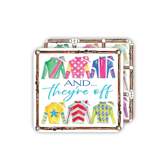 'And They're Off' Racing Silks paper coasters with a vibrant design, perfect for Kentucky Derby parties.