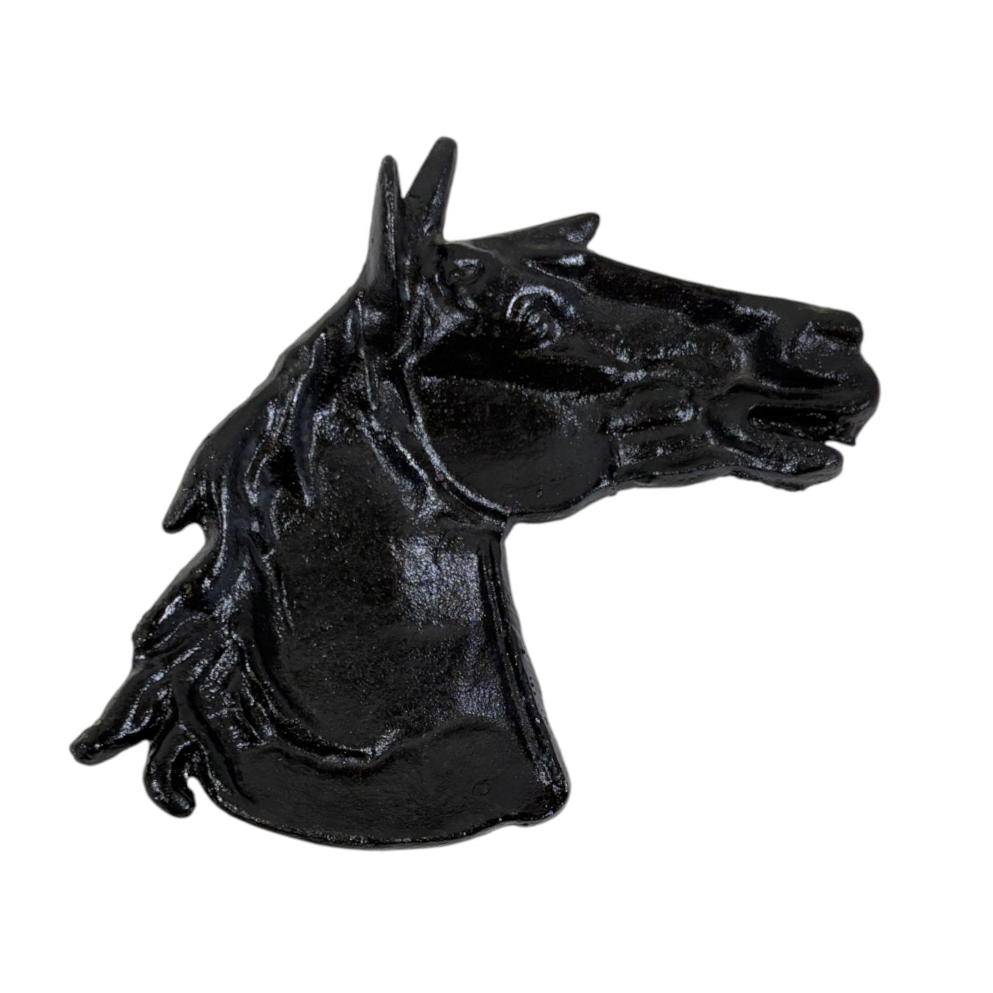 Black cast iron horse head decorative item on a white background