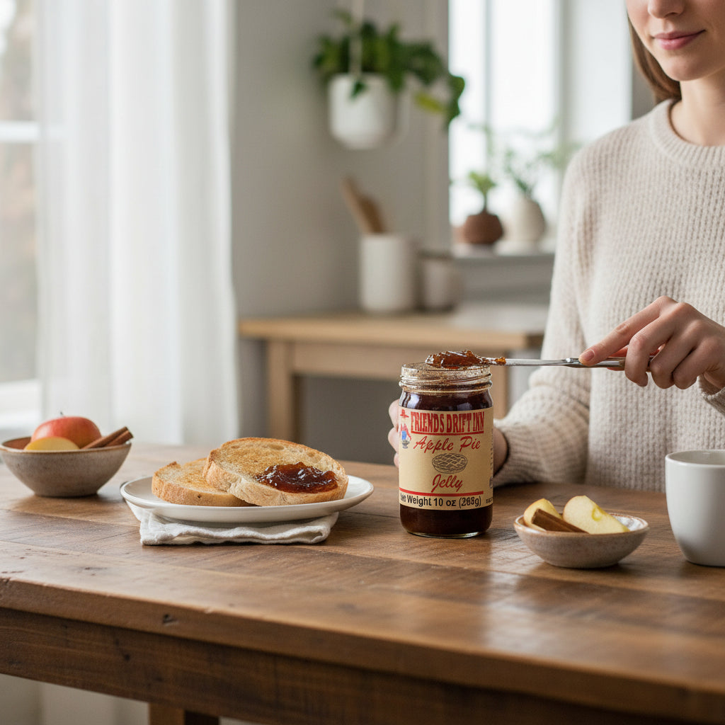 A spoonful of glistening Apple Pie Jelly on a piece of warm, buttered toast.
